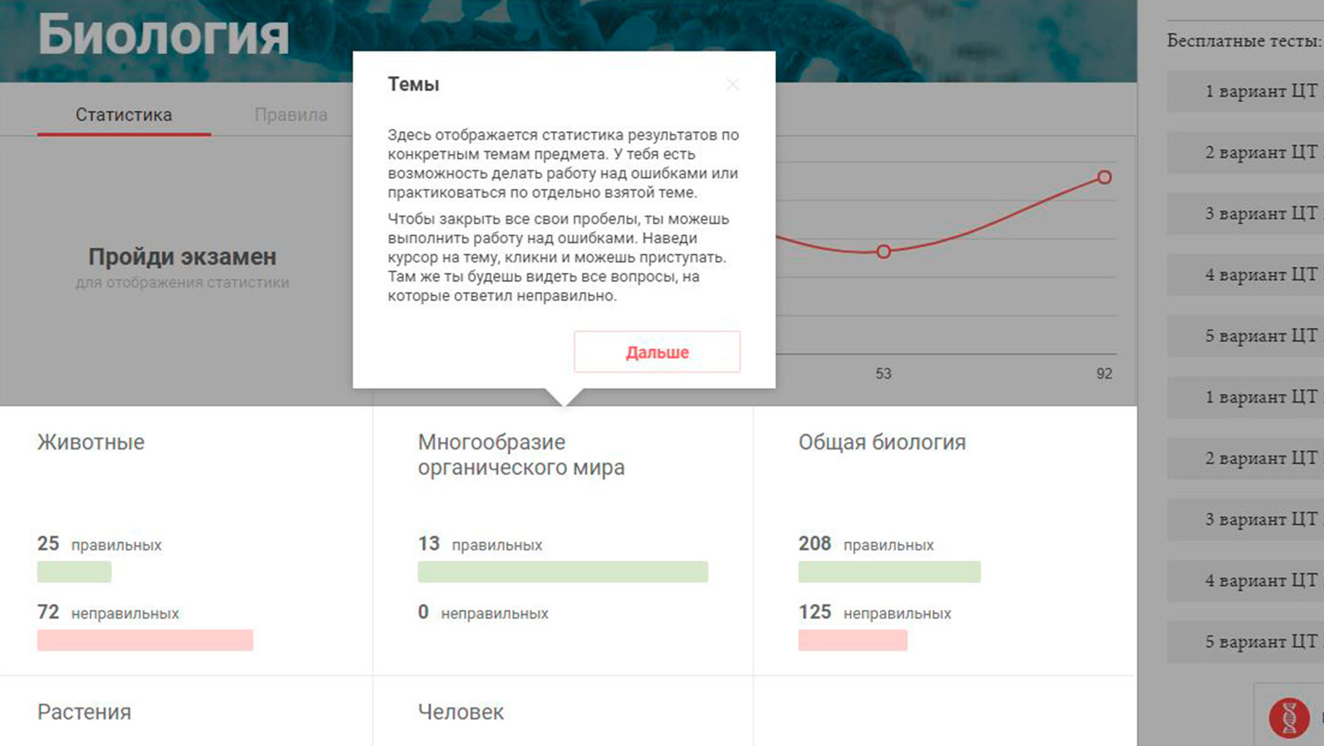 Подробная статистика в ЦТ онлайн позволяет проанализировать, знания по каким темам следует подтянуть. Выполняй работу над ошибками или тренируйся по конкретным разделам